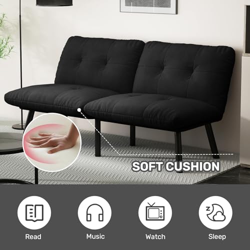 homeokay Futon Sofa Sleeper Couch Bed with Adjustable Backrest Thick Cushion Velvet Fabric for Department Living Room Lounge Sofa Loveseat (Black) homeokay