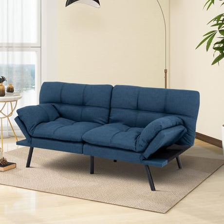 MUUEGM Futon Sofa Bed Convertible Couch,Memory Foam Futon Sofa Couch,Sleeper Futons Sofa Couches,Small Splitback Modern Loveseat Sofa Bed for Living Room,Office,Apartment,Linen Fabric,Blue. MUUEGM