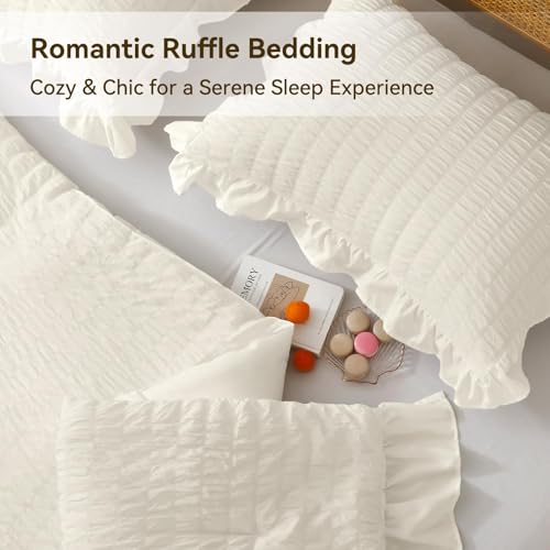 JOLLYVOGUE Ivory King Comforter Set, 3 Pieces Seersucker Comforters King Size, Lightweight & Fluffy Bedding Sets King for All Season with 1 Ruffle Comforter and 2 Ruffle Pillowshams JOLLYVOGUE