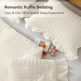 JOLLYVOGUE Ivory Queen Comforter Set, 3 Pieces Seersucker Comforters Queen Size, Lightweight & Fluffy Bedding Sets Queen for All Season with 1 Ruffle Comforter and 2 Ruffle Pillowshams JOLLYVOGUE