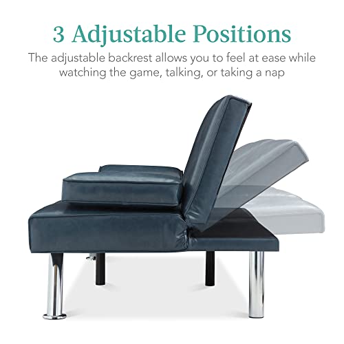 Best Choice Products Faux Leather Upholstered Modern Convertible Futon, Adjustable Folding Sofa Bed, Guest Bed w/Removable Armrests - Blue Best Choice Products
