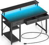 Rolanstar Computer Desk with Power Outlets & LED Light, 39 inch Home Office Desk with 3 Drawers and Storage Shelves, Writing Desk with Monitor Stand, Modern Work Desk for Home Office, Carbon Black Rolanstar