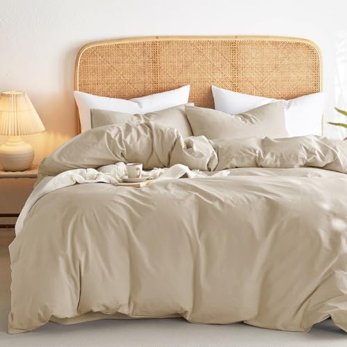 Wake In Cloud - Cotton Duvet Cover Set, Queen Size, Khaki Linen Color, 100% Washed Cotton, Linen Like Textured, Breathable Percale Durable Comfy Farmhouse Neutral Bedding Set, 3 Pieces Wake In Cloud