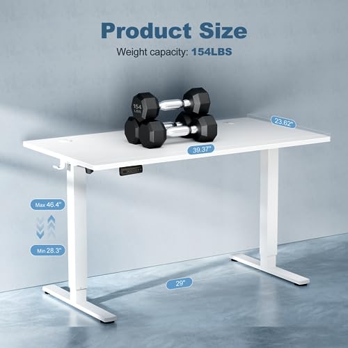 DUMOS 40 Inch Electric Standing Desk Height Adjustable, Sit to Stand Up Computer Workstations Work PC Table Home Office Study Writing Gaming Desks with Memory Presets for Walking Pad, Bedroom, White DUMOS