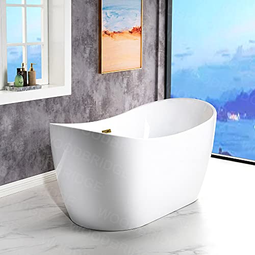 WOODBRIDGE 59" Acrylic Freestanding Bathtub Contemporary Soaking White Tub with Brushed Gold Overflow and Drain，B0016 -BG-Drain &O WOODBRIDGE