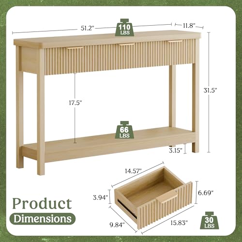 Lulive 51" Fluted Console Table for Entryway, Entryway Table with 3 Wooden Drawers, Farmhouse Behind Sofa Table for Living Room, Hallway, Couch, Foyer Lulive