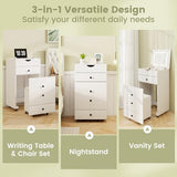 CHARMAID Small Vanity Desk Set, Makeup Vanity Table with Flip-up Lighted Mirror, Storage Bench, 2 Drawers, 8 Wheels, White Girls Dressing Table Nightstand for Small Space Bedroom CHARMAID