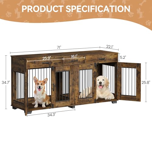 Dog Crate Furniture for 2 Dogs, 71'' XXL Indoor Dog Kennel with 3 Drawers and Removable Room Divider, Wooden Double Dog CrateTV Stand End Table with Double Doors for Large Medium Dogs, Brown GAOMON