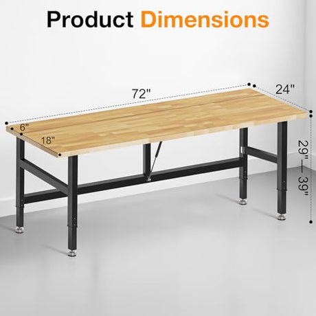 MUWOOD 72” Folding Workbench, 3000 LBS Capacity Heavy Duty Workbench, Height Adjustable Foldable Work Table, Rubberwood Collapsible Desk for Workshop, Garage, Office, Home MUWOOD