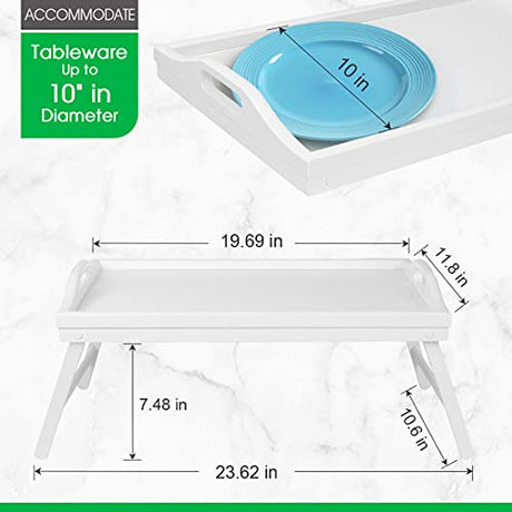 Breakfast Tray Table with Folding Legs Serving Tray Bamboo Dinner Trays for Platter Laptop Desk Bed Table Kitchen Serving Tray Snack Trays Large Size (White Large) Artmalle