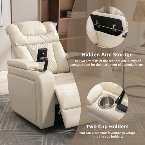 270 Degree Swivel PU Leather Power Recliner Individual Seat Home Theater Recliner with Comforable Backrest, Tray Table, Phone Holder, Cup Holder, USB Port, Hidden Arm Storage for Living Room, White