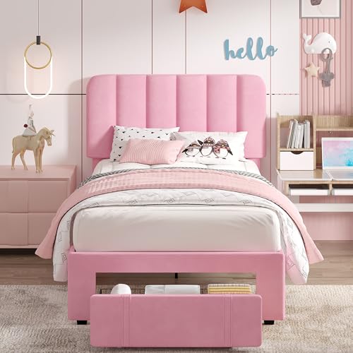 VECELO Twin Size Upholstered Bed Frame with 4 Drawers and Headboard, Velvet Platform Storage Bedframe, Wooden Slats Support, No Box Spring Needed,Pink VECELO