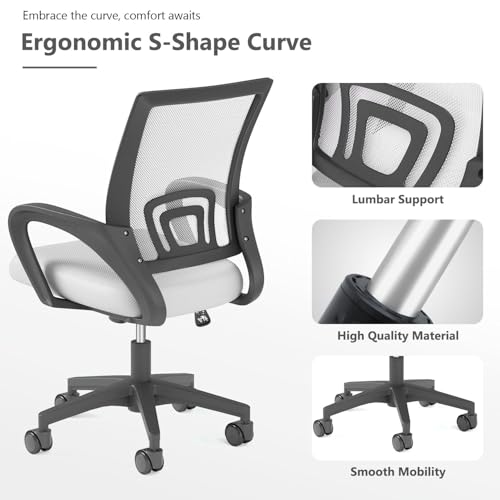 OS MOTOR Home Office Chair, Ergonomic Mid-Back Mesh Desk Chair with Lumbar Support, Adjustable Swivel Rolling Design, Comfy Armrest for Work, Study, Gaming, Vanity (White, Single Chair) OS MOTOR