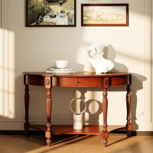 LEEMTORIG Demi Lune Console Table for Entryway Living Room, Cherry Solid Wood Entryway Table with Storage Drawer, Traditional Victorian Antique Sofa Table Hallway Table, Cherry Walnut SFZ-1533-WD-DR LEEMTORIG