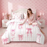 Erosebridal Pink Ribbon Bowknot Bed in A Bag with Sheets for Girls Kids Teens Women Princess Satin Bow Queen Comforter Set 7 Piece Kawaii Coquette Bedding Set Pink Stripes Bed Set Erosebridal