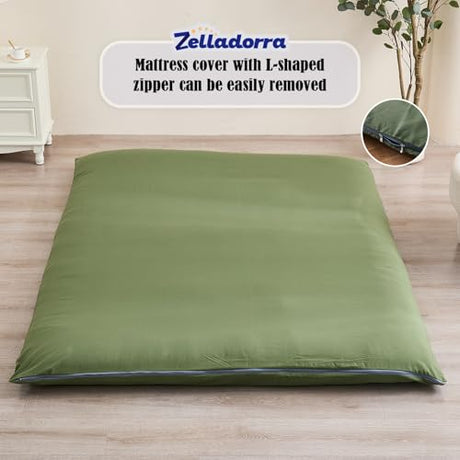 Zelladorra Futon Mattress Cover, Zippered Japanese Floor Mattress Cover, Machine Washable (Green, Twin) Zelladorra