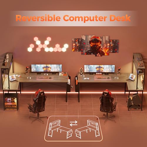 Mericonia 50 inch Large L Shaped Desk with Pegboard Hutch & Shelves, Corner Gaming Desk with Power Outlet, LED Light & Storage Bag, Reversible Computer Desk for Home, Bedroom, Office Workspace, Grey Mericonia
