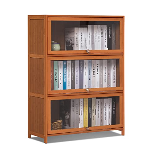 MoNiBloom 3-Tier Bamboo Bookshelf with Acrylic Doors - Freestanding Storage Unit for Living Room, Office, and Bedroom, Brown