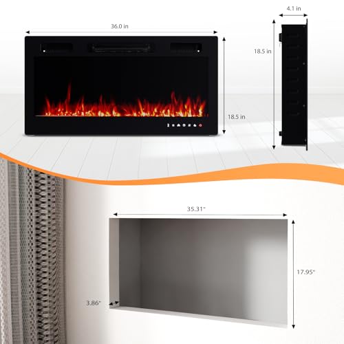 ROVSUN 36 Inch Electric Fireplace with Remote, 1500W Wall Mounted & Recessed Fireplace with Timer, 12 Flame Color, 5 Brightness, Crystal Set ROVSUN