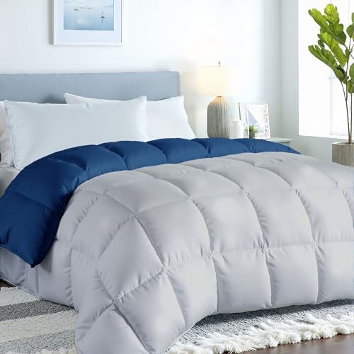 ROYALE LINENS Reversible Comforter - Twin Size Duvet Insert - All Season Soft Quilted Comforters with 8 Corner Tabs - Down Alternative Bedding Comforter - Duvet Insert (Navy/Silver, Twin 64"x84") ROYALE LINENS