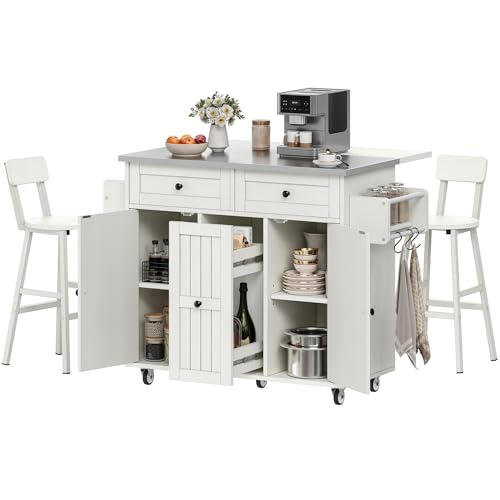 DWVO Kitchen Island with Seating, Mobile Kitchen Storage Island with Drop Leaf Countertop, Large Kitchen Island Table with Drawers, Cabinets, Bar Stools, Towel Rack and Spice Rack, White DWVO