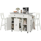 DWVO Kitchen Island with Seating, Mobile Kitchen Storage Island with Drop Leaf Countertop, Large Kitchen Island Table with Drawers, Cabinets, Bar Stools, Towel Rack and Spice Rack, White DWVO