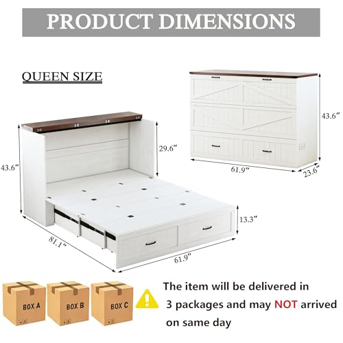 Queen Murphy Bed with Storage & Charging Station, Farmhouse Murphy Cabinet Bed with Large Drawer, Hideaway Foldable Platform Bed for for Guest Room, Bedroom, Home Office, Mattress Not Included, White CayugaCrekrd