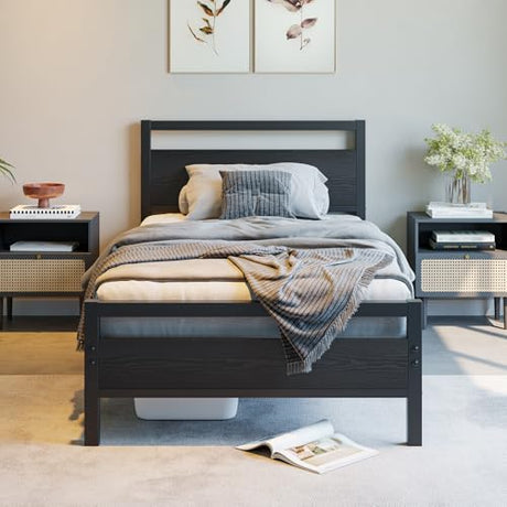 BOFENG Twin Bed Frame with Wood Headboard,Metal Single Platform Bed Frame Twin Size No Box Spring Needed,Heavy Duty Metal Slats Support,Noise Free,Single Bed Base,Easy Assembly,Black BOFENG