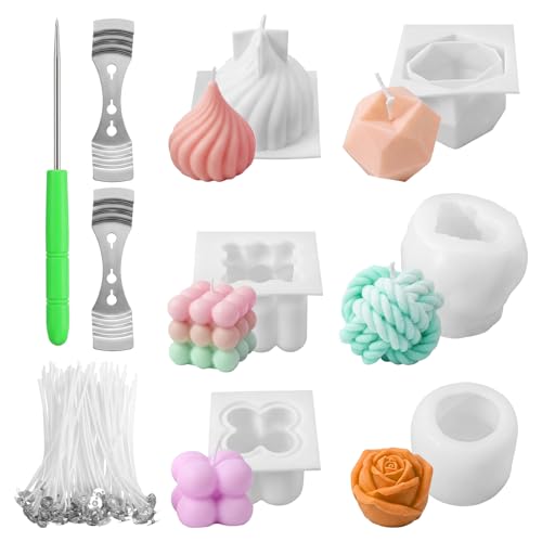 Afcabakila 6Pcs Silicone Candle Molds Set for Candle Making, Moldes para Velas 3D Yarn Ball Bubble Rose Cake Baking Dessert Soy Wax Soap DIY Scented Candles Craft