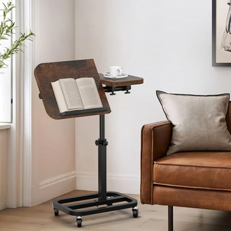 alentar Large-Size Portable Laptop Rolling Desk with Wheels, Adjustable Height and Tilt Top Stable Mobile Over-Bed Table for Home Use - Brown alentar