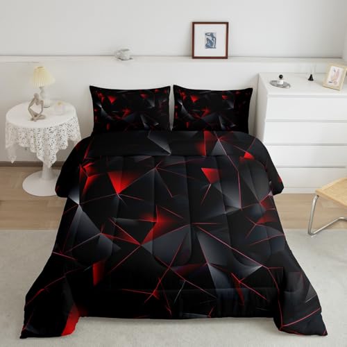 jejeloiu Red and Black Comforter Set Twin Size Kids Geometric Pattern Bedding Set for Boys Girls Teens Adults, Art Aesthetic Duvet Quilt Breathable Soft Room Decor 2Pcs jejeloiu