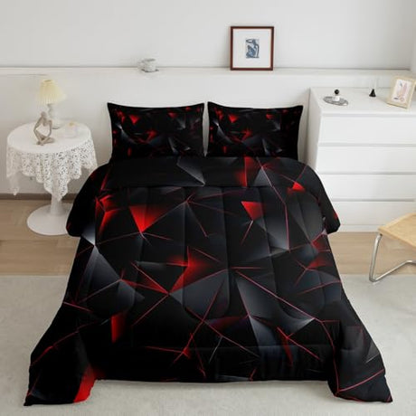 jejeloiu Red and Black Comforter Set Twin Size Kids Geometric Pattern Bedding Set for Boys Girls Teens Adults, Art Aesthetic Duvet Quilt Breathable Soft Room Decor 2Pcs jejeloiu