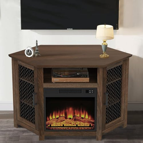 47" Corner Fireplace TV Stand for TVs Up to 55", Farmhouse Fireplace TV Stand with Remote 18" Electric Fireplace, Entertainment Center with Storage & Open Shelves for Living Room, Bedroom, Brown Vaczon