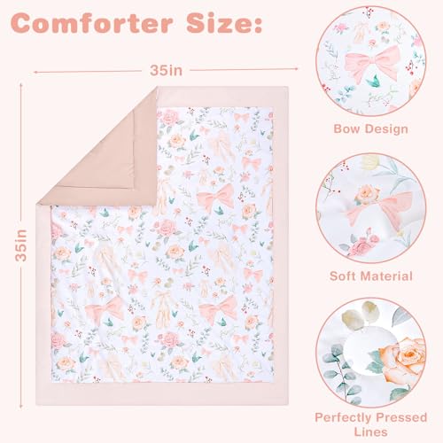 GFU Crib Bedding Set for Girls 4-Piece, Bow Baby Girl Crib Bedding Set Pink Flowes, Nursery Sets Includes Comforter, Fitted Crib Sheet, Crib Skirt, and Diaper Stacker GFU