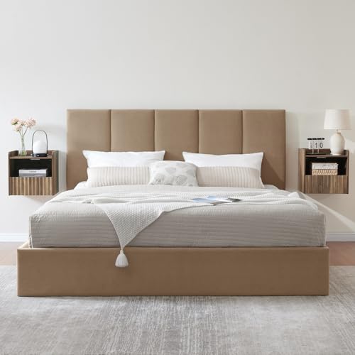 BuildHom Modern Fluted Floating Nightstand Wall Mounted Set of 2- Bedside Table with Storage Drawer & Display Shelf, Minimalist Bedroom Furniture for Studio Apartments(Rustic Brown) BuildHom