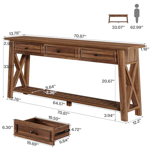 Tribesigns Console Table with 3 Storage Drawers, 70.87 Inches Extra Long Sofa Table Behind Couch with Bottom Shelf, Farmhouse Wooden Entryway Hallway Foyer Table for Living Room, Entrance (Walnut) Tribesigns