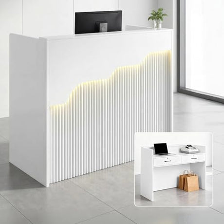 Small Reception Desk with Counter LED Lights,Modern Front Desk Checkout Counter with Lockable Drawer,Wooden Reception Room Tables, Cash Register Stand for Salon,Retail,Office,Lobby(White, 47.2in) WUIOYNF