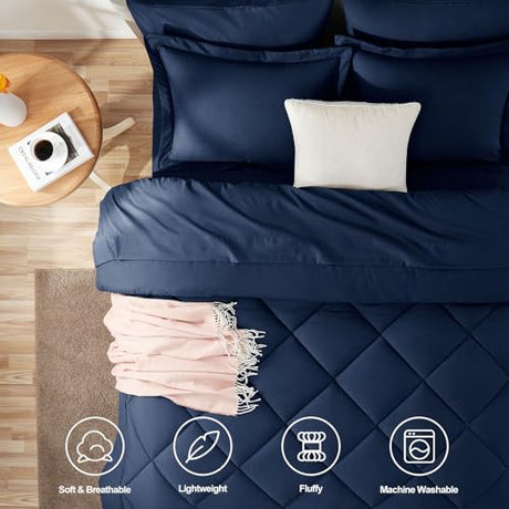CozyLux Queen Comforter Set Navy Blue - Bed in a Bag Queen Size 7 Pieces, Luxury Soft Bed Set for All Seasons, Bedding Set with Down Alternative Comforter, Sheets, Pillowcases & Shams CozyLux
