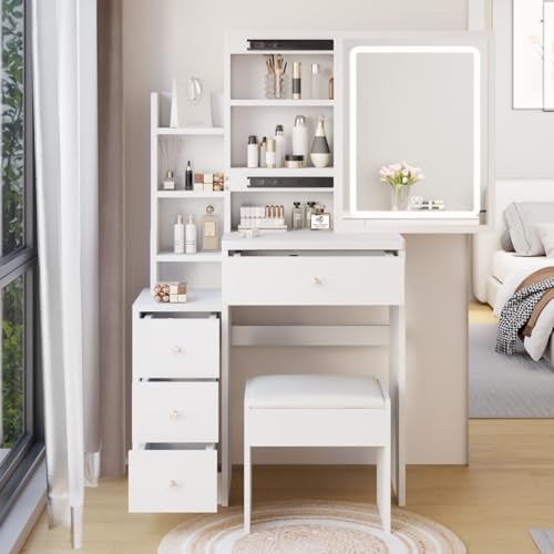 29" Makeup Vanity Desk with Slidding Led Lighted Mirror, Large Storage Modern Dressing Table for Small Space with Multi Hidden Shelves and Cabinet Drawers, Touch Control 3-Color Lighting, Stool Chair Breevia