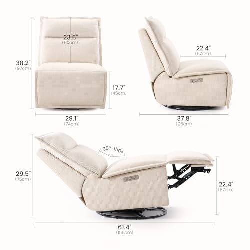 Power Recliner Chair Swivel Glider, 29" Extra Wide Seat with 270° Swivel, No Armrest Design, USB & Type-C Charging Ports, OEKO-TEX Fabric, Swivel Glider Recliner for Living Room, Easy Assembly, Beige