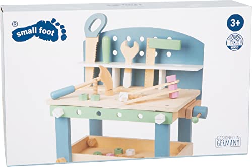 Compact Wooden Workbench by Small Foot –Tool Bench Set in Nordic Theme – 21+ Piece Playset Includes Hammer, Saw, Screwdriver, Nails, Screws and Small Foot