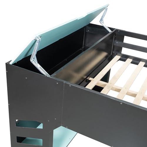 Tdewlye Unique Full Size Wood Gaming Loft Bed with Height-Adjustable Desk,Drawers,Storage Compartments,Hanging Rod and RGB Lights,for Kids Teens Adults Bedroom Use (Blue#RGB, Full) Tdewlye