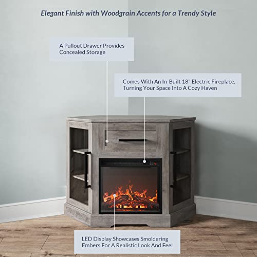 BELLEZE 43" Corner TV Stand with 18" Electric Fireplace Heater for TVs up to 43", Modern Corner Wood Entertainment Center with Glass Door Storage Cabinets - Dale (Grey Wash) BELLEZE