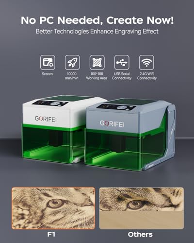 Gorifei F1 5000mW Laser Engraver Machine, Portable & Smart with Display Screen, Wireless/SD Card/Offline Engraving, Deeplaser Self Developed System for Wood, Acrylic, Leather, Laser Class 1 GORIFEI