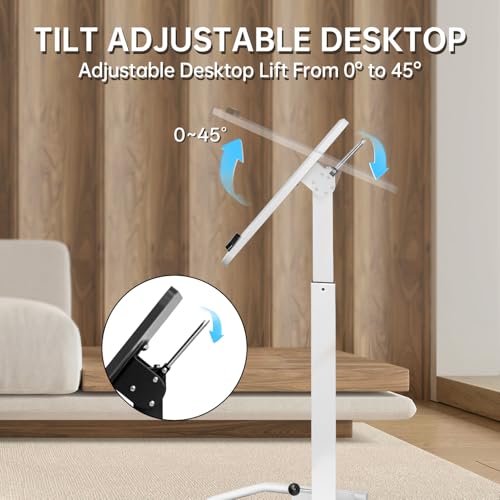 JSJCCTESK Mobile Standing Desk with 45° Tilting Desktop, Portable Rolling Standing, Height Adjustable Sit Stand Foldable with Wheels, Mobile Desk Workstation for Home Office (White, Large) JSJCCTESK