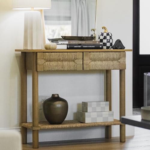 Nathan James Beacon Wooden Sofa Console Table with Drawers, Bohemian Entryway Table, Hallway Table with Seagrass Shelf, Light Brown Nathan James