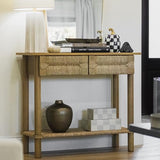 Nathan James Beacon Wooden Sofa Console Table with Drawers, Bohemian Entryway Table, Hallway Table with Seagrass Shelf, Light Brown Nathan James
