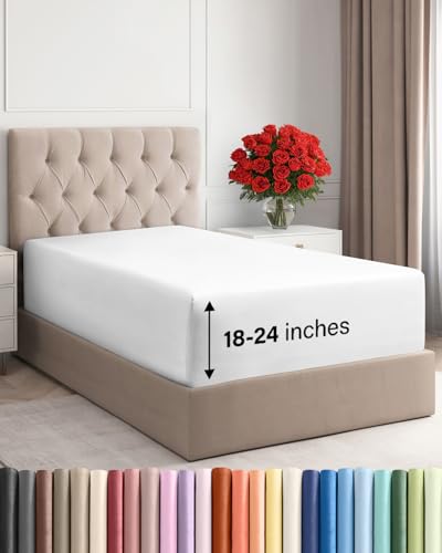Extra Deep Twin XL Fitted Sheet - Hotel Luxury Single Fitted Sheet Only - Easily Fits 18 inch to 24 inch Mattress - Ultra Soft, Wrinkle & Fade Free w/Extra Deep Pockets - Breathable & Comfy - White CGK Unlimited