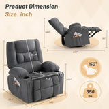 Oversized Swivel Rocker Recliner Chair with Massage & Heat,Recliner Chair for Adults,Ergonomic Relining Chair with Cup Holders,USB Charge Port,Side Pockets,Nursery Rocking Chairs for Living Room,Grey