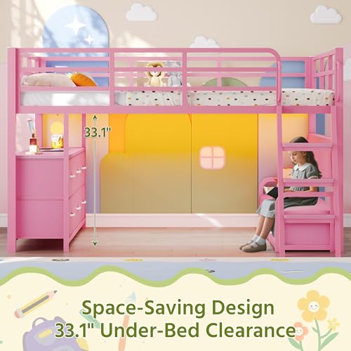 Dnxao Low Loft Bed Full Size with Desk,Full Bed Frame with 9 Storage Drawers, Kids Loft Bed with 15.8" H Safety Guardrail,Sofa,LED Lights & Charging Station,Spave Saving,Pink Dnxao